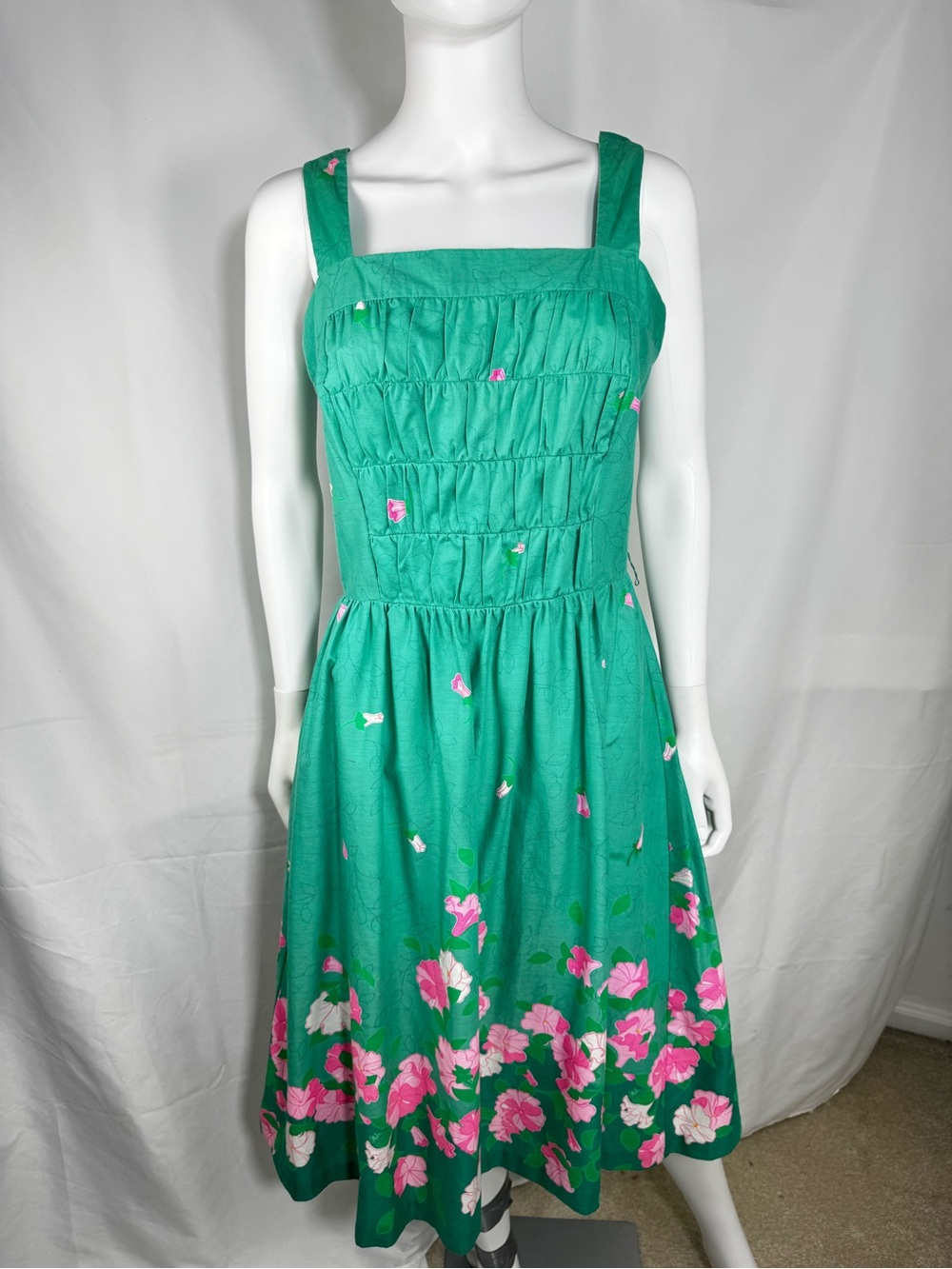 VTG 60s 70s Malia Honolulu Carroll Reed Floral Midi Sundress Cotton Green Sz 12